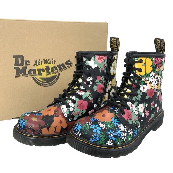 Dr. Martens Other - DR. MARTENS 1460J Floral Mash Up Leather Lace Up Boot Kids L5 M4 Black Punk EUC